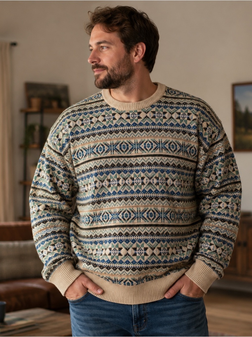 Old Navy Men's Fair Isle Crewneck Sweater in Beige and Blue, size XXL